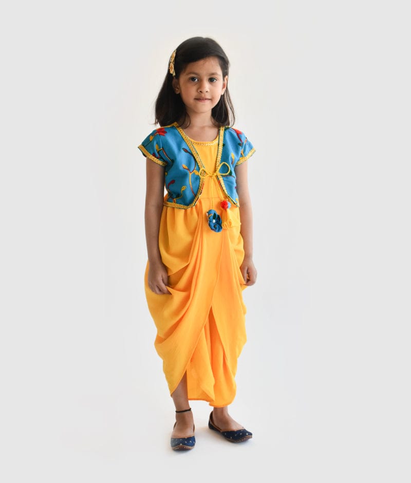 Fayon Kids Yellow Georgette Dhoti attached Blue Embroidery Jacket for Girls