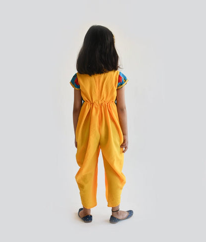 Fayon Kids Yellow Georgette Dhoti attached Blue Embroidery Jacket for Girls