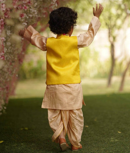 Fayon Kids Yellow Gotta Embroidery Jacket with Kurta and Dhoti for Boys