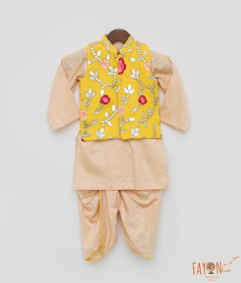 Fayon Kids Yellow Gotta Embroidery Jacket with Kurta and Dhoti for Boys