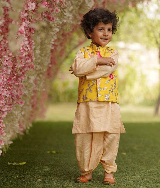 Fayon Kids Yellow Gotta Embroidery Jacket with Kurta and Dhoti for Boys