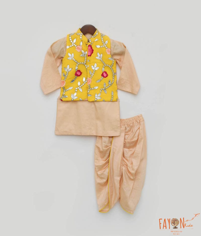 Fayon Kids Yellow Gotta Embroidery Jacket with Kurta and Dhoti for Boys