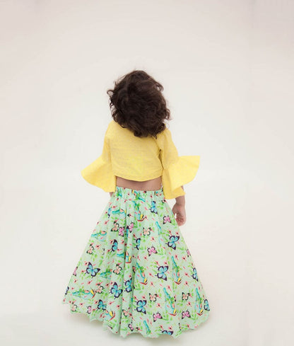 Fayon Kids Yellow Green Printed Lehenga with Knotted Top for Girls