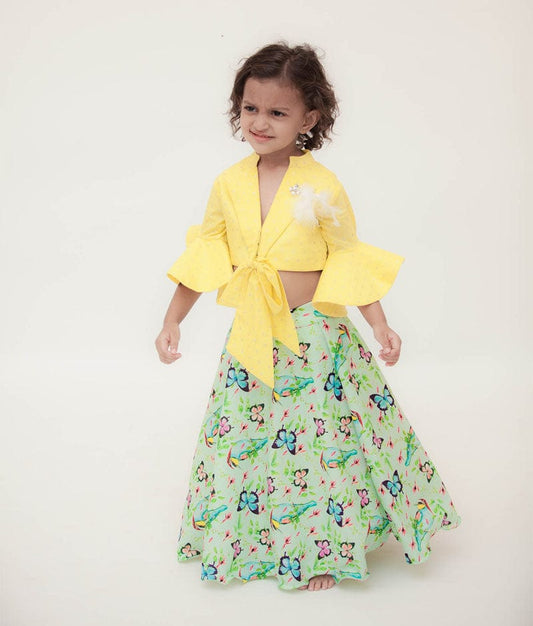 Yellow Green Printed Lehenga with Knotted Top for Girls