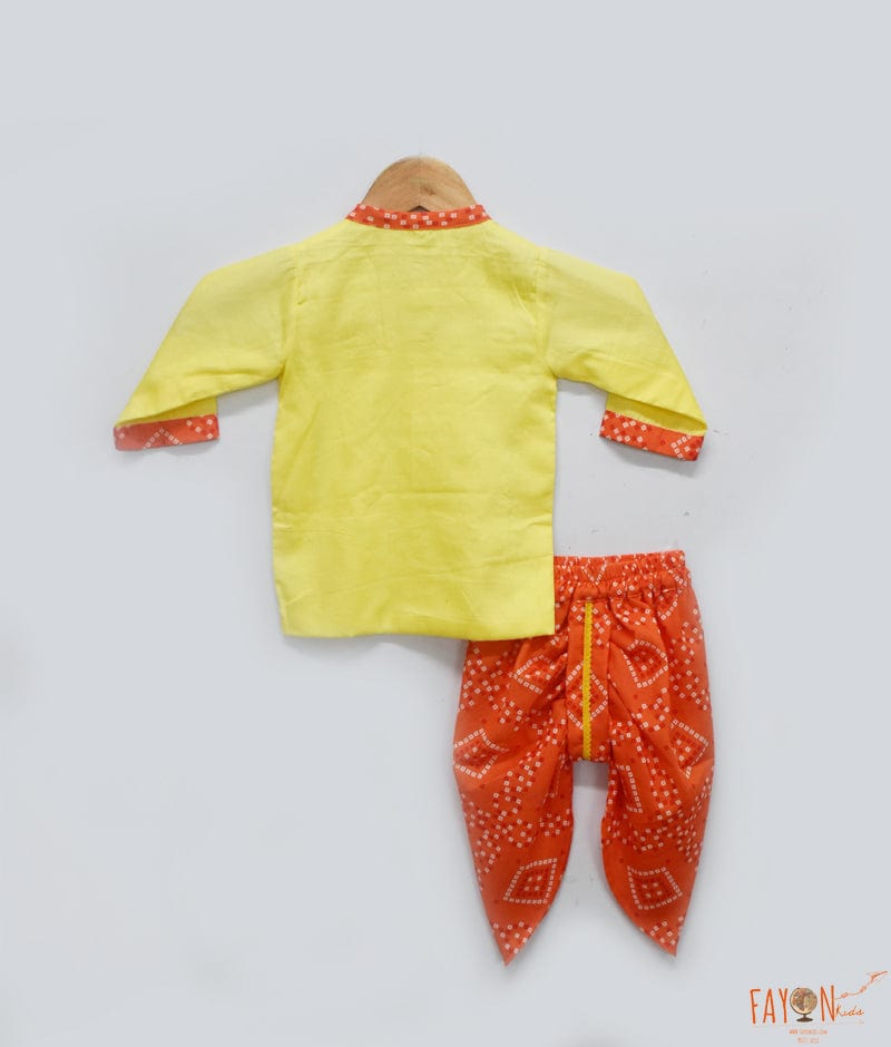 Yellow Kurta and Orange Print Dhoti for Boys
