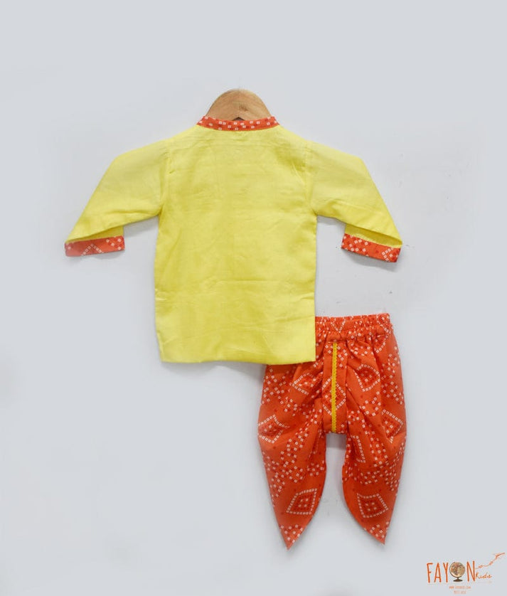Yellow Kurta and Orange Print Dhoti for Boys