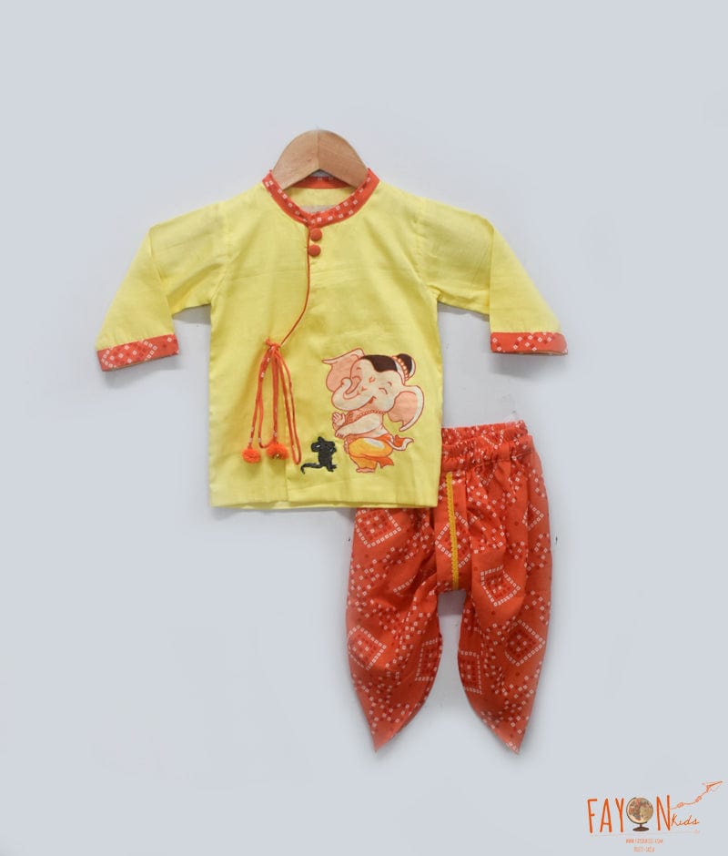 Yellow Kurta and Orange Print Dhoti for Boys