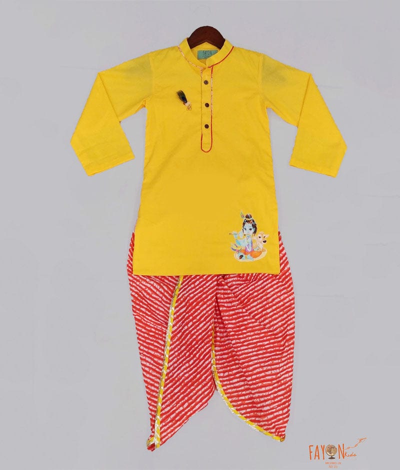 Fayon Kids Yellow Kurta with Lehriya Dhoti for Boys