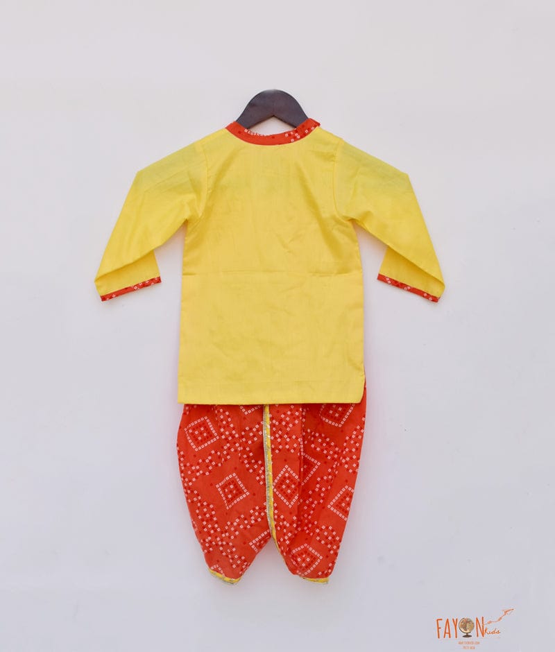 Yellow Kurta with Orange Bandhej Dhoti for Boys