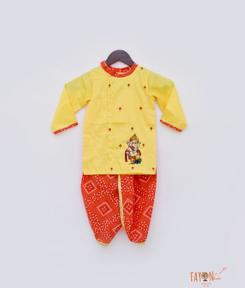 Yellow Kurta with Orange Bandhej Dhoti for Boys