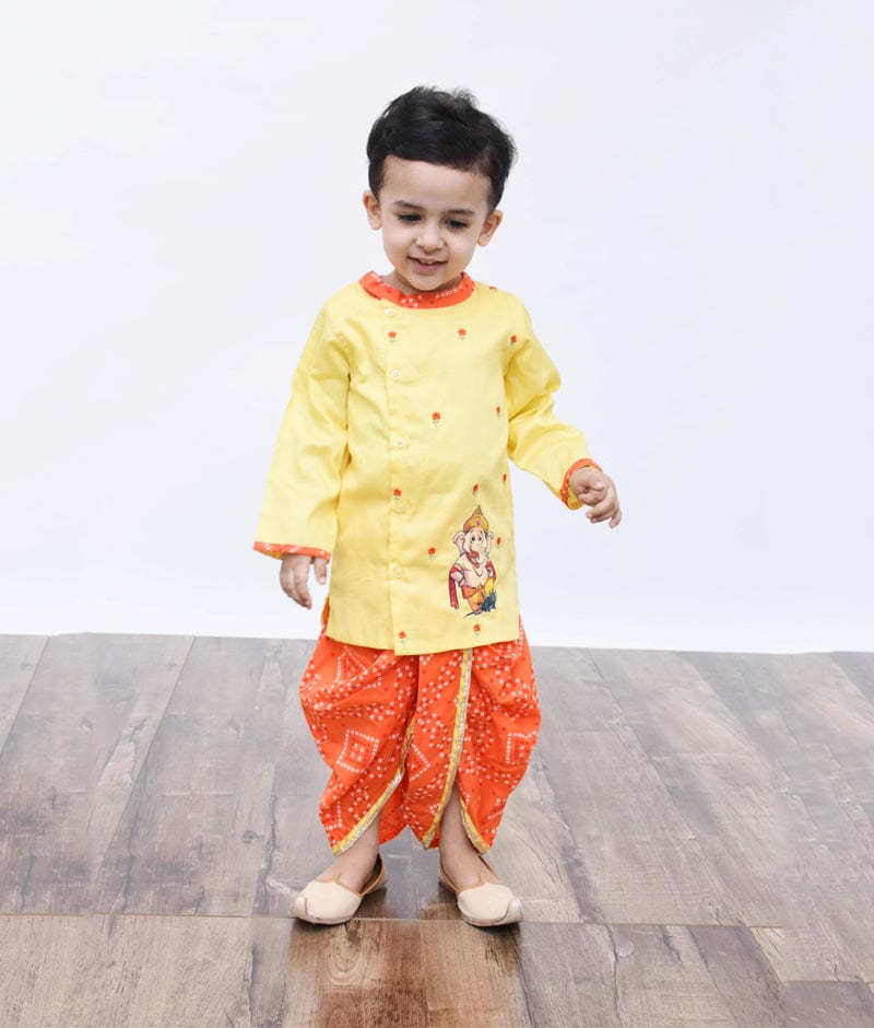 Fayon Kids Yellow Kurta with Orange Bandhej Dhoti for Boys
