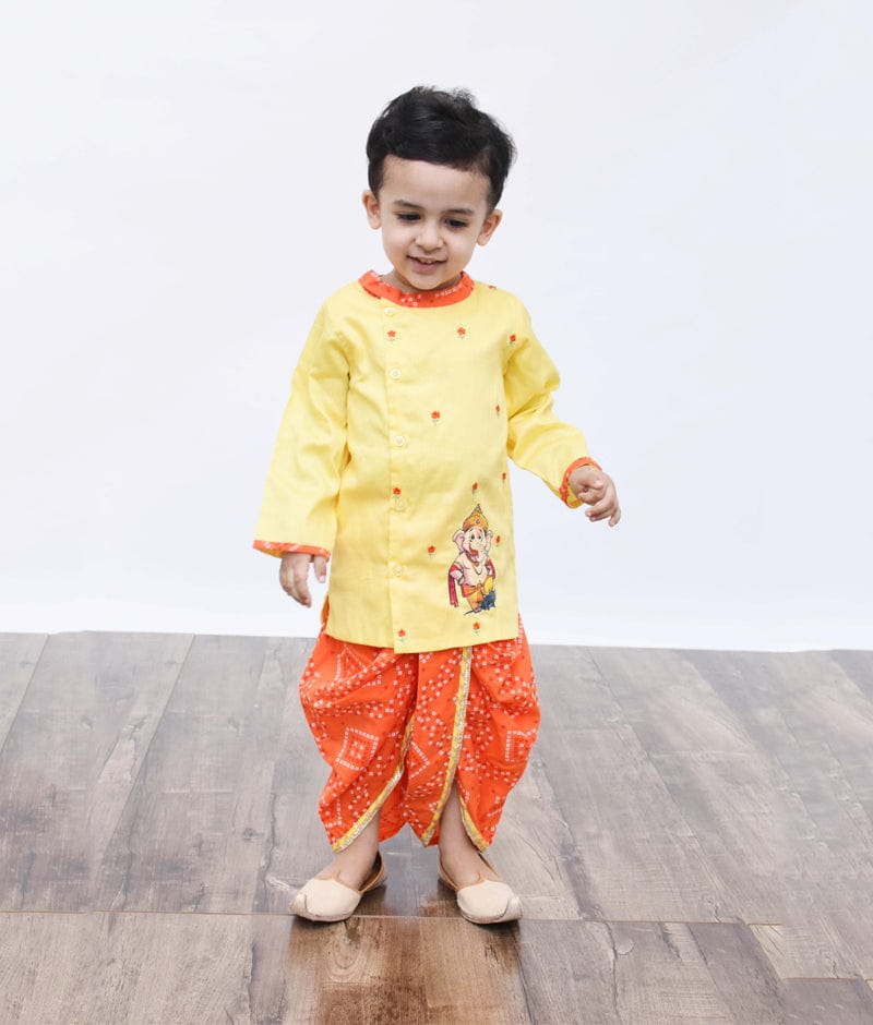 Yellow Kurta with Orange Bandhej Dhoti for Boys