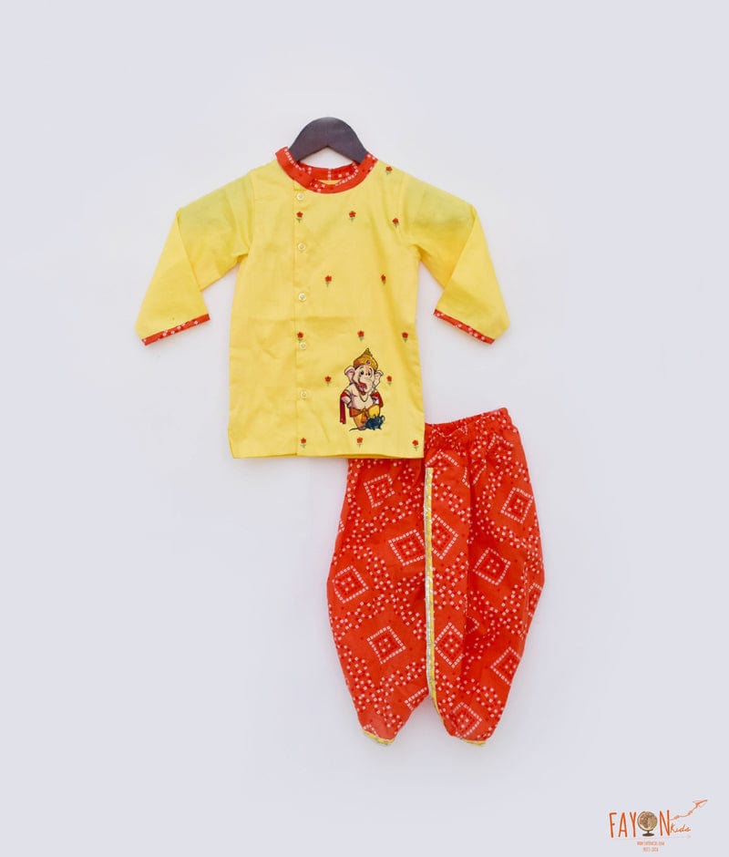 Yellow Kurta with Orange Bandhej Dhoti for Boys