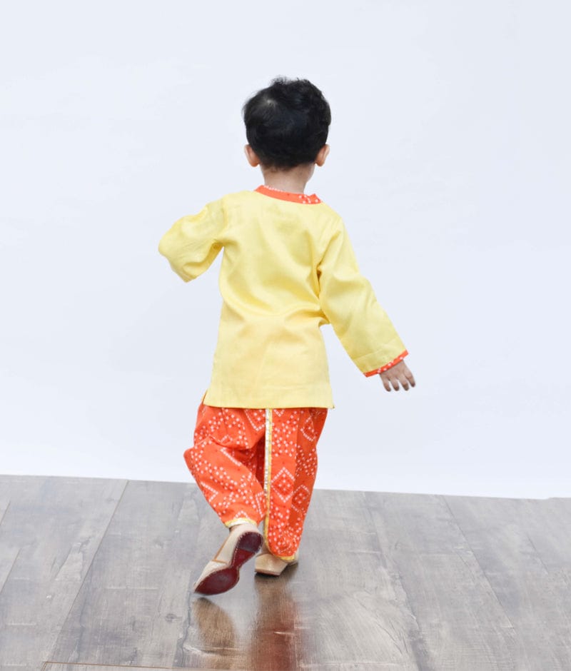 Yellow Kurta with Orange Bandhej Dhoti for Boys