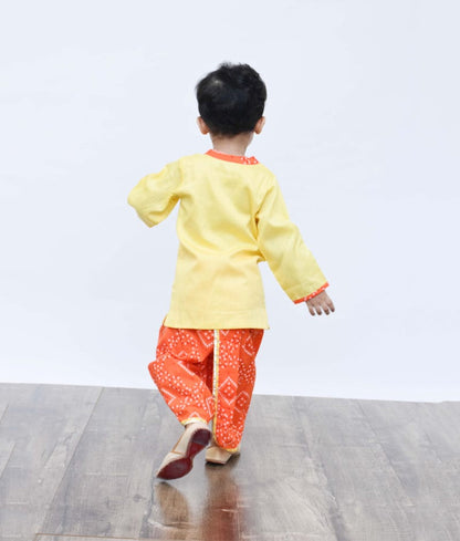 Yellow Kurta with Orange Bandhej Dhoti for Boys