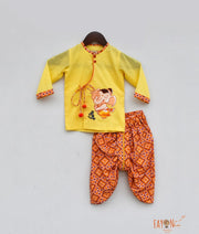 Yellow Kurta with Printed Dhoti for Boys