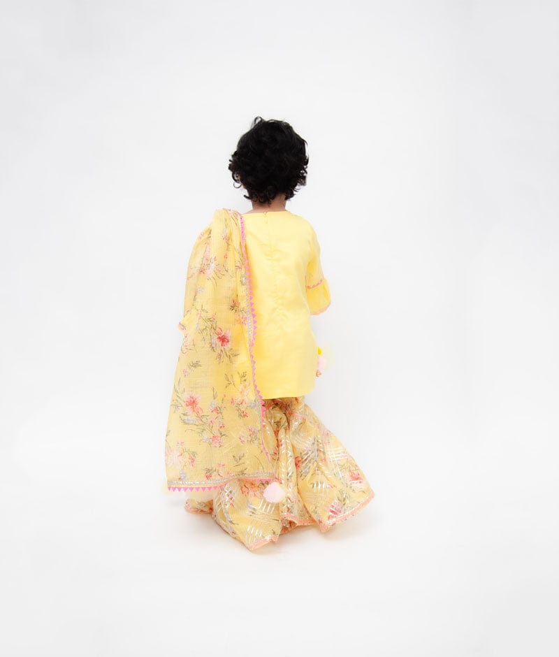 Fayon Kids Yellow Kurti with Kotta Print Sharara and Printed Kotta Dupatta for Girls