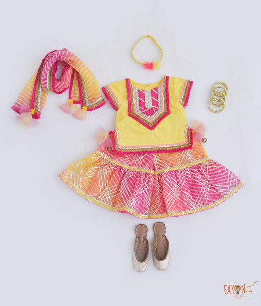 Yellow Kurti with Pink Kotta Sharara Dupatta Set for Girls
