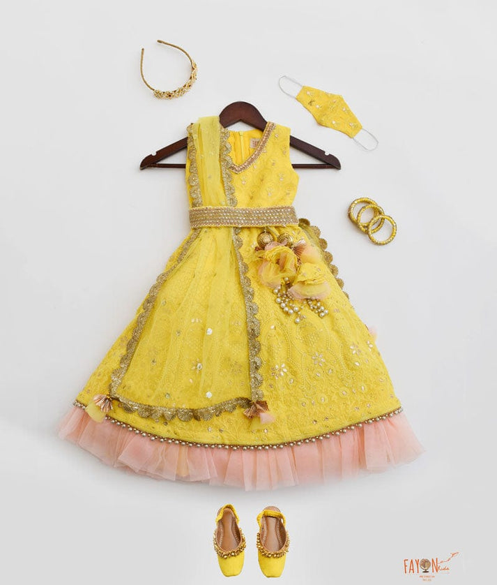 Yellow Lucknowi Anarkali for Girls
