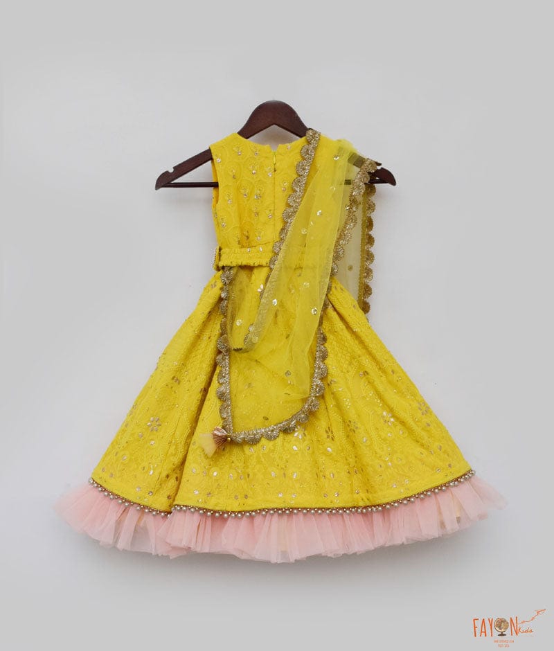 Fayon Kids Yellow Lucknowi Anarkali with Boti Net Dupatta for Girls