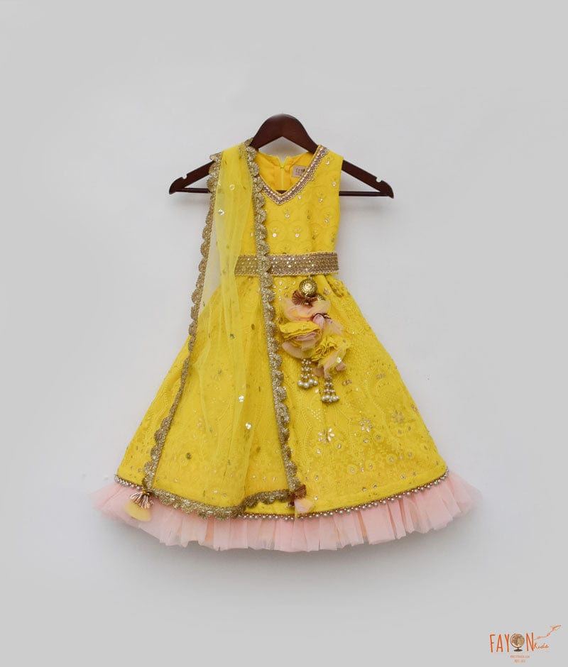 Fayon Kids Yellow Lucknowi Anarkali with Boti Net Dupatta for Girls