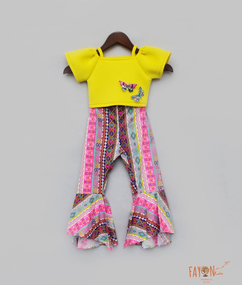 Fayon Kids Yellow Lycra Crop Top with Printed Pant for Girls
