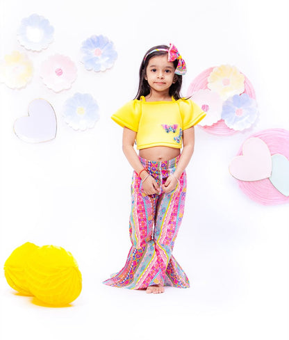Fayon Kids Yellow Lycra Crop Top with Printed Pant for Girls