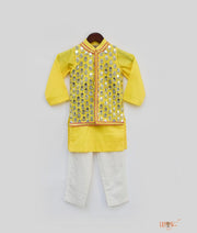 Yellow Mirror Work Jacket with Kurta Pant for Boys