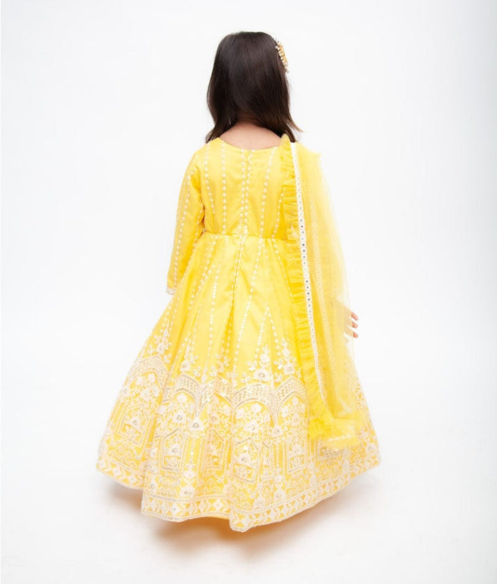 Yellow Net Embroidery Anarkali with Frill Dupatta for Girls