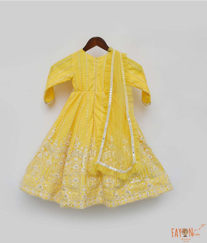 Fayon Kids Yellow Net Embroidery Anarkali with Frill Dupatta for Girls