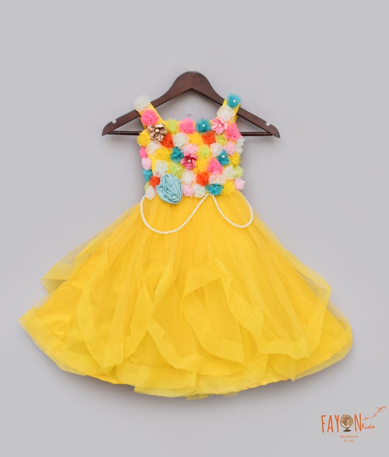 Fayon Kids Yellow Net Gown with Multi Coloured Flowers for Girls