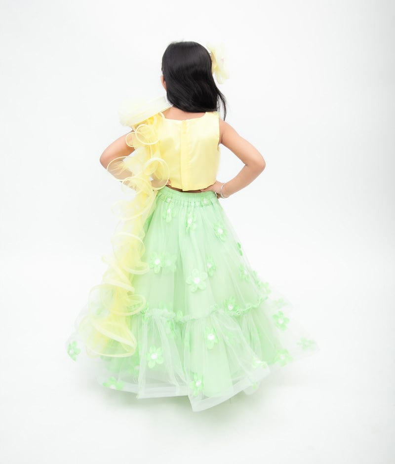 Fayon Kids Yellow Net Green Net Embroidery Lehenga with Choli Drape for Girls