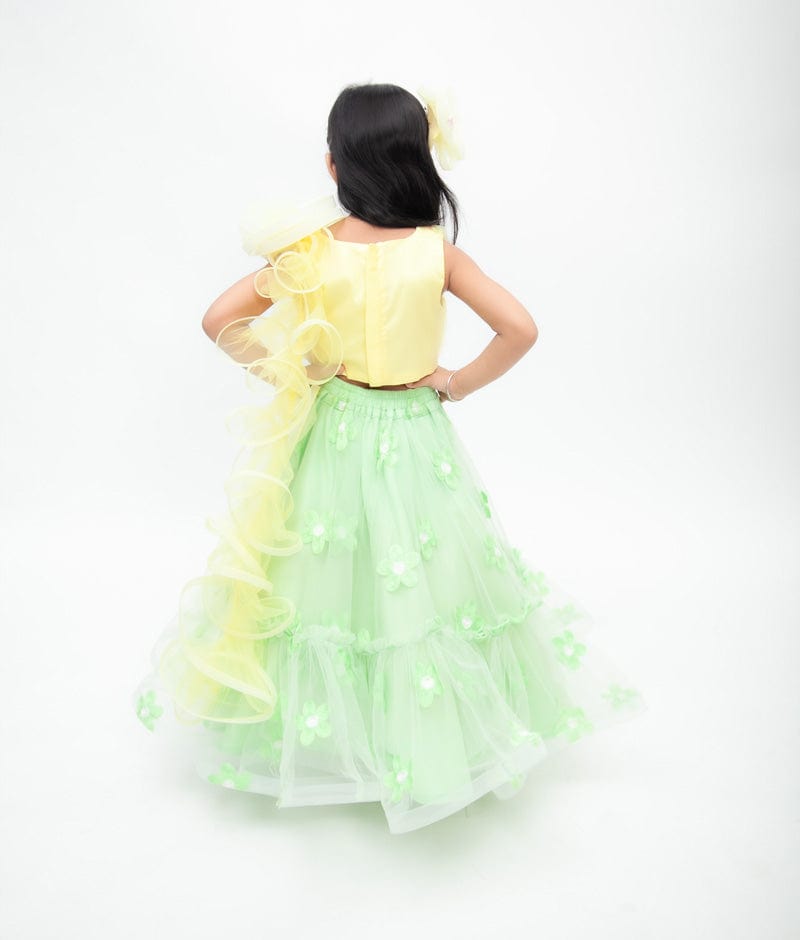 Yellow Net Green Net Embroidery Lehenga with Choli Drape for Girls