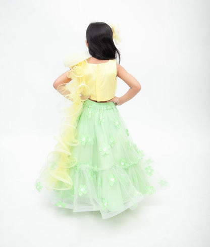 Yellow Net Green Net Embroidery Lehenga with Choli Drape for Girls