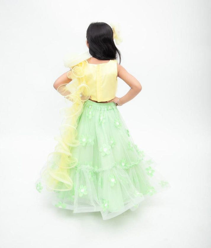Yellow Net Green Net Embroidery Lehenga with Choli Drape for Girls