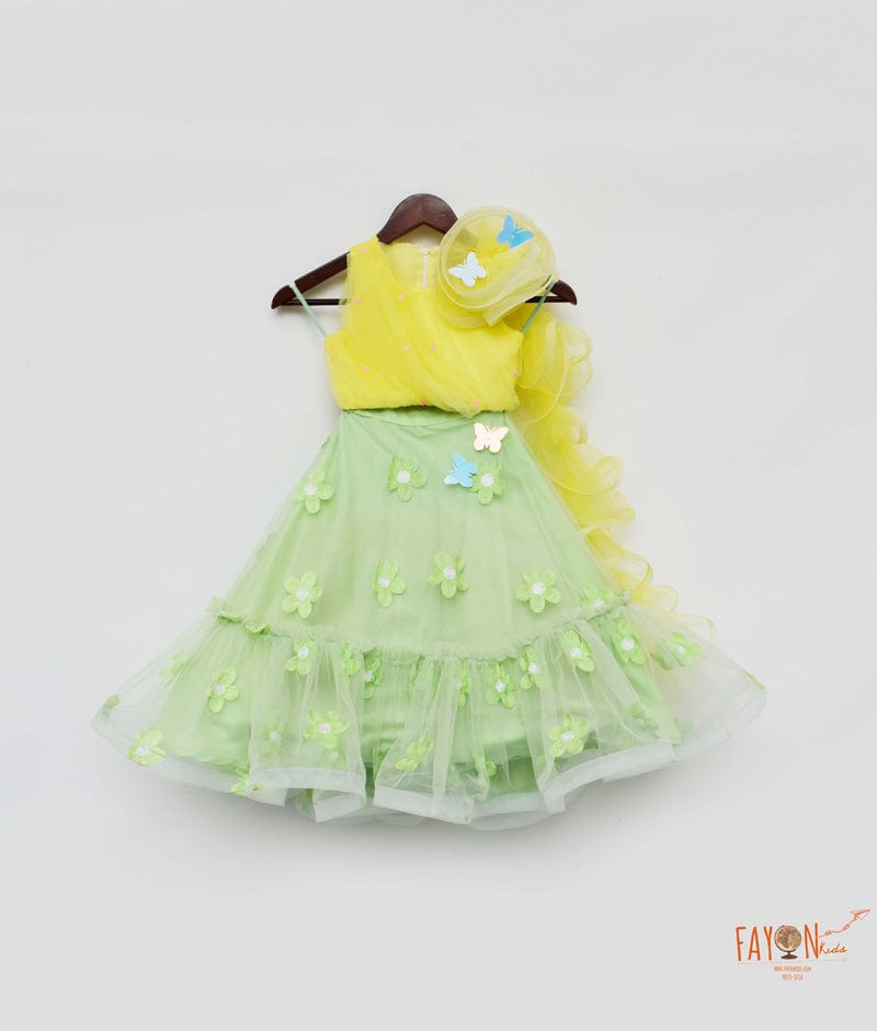 Yellow Net Green Net Embroidery Lehenga with Choli Drape for Girls