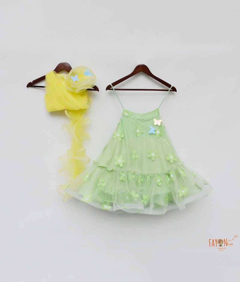 Fayon Kids Yellow Net Green Net Embroidery Lehenga with Choli Drape for Girls