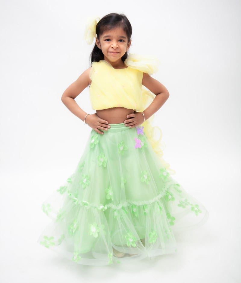 Fayon Kids Yellow Net Green Net Embroidery Lehenga with Choli Drape for Girls