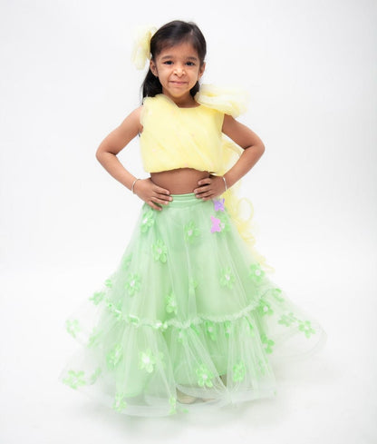 Fayon Kids Yellow Net Green Net Embroidery Lehenga with Choli Drape for Girls