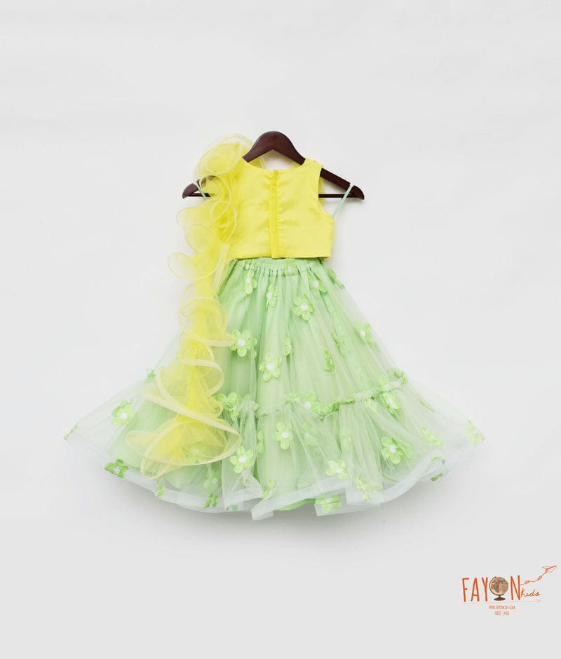 Fayon Kids Yellow Net Green Net Embroidery Lehenga with Choli Drape for Girls