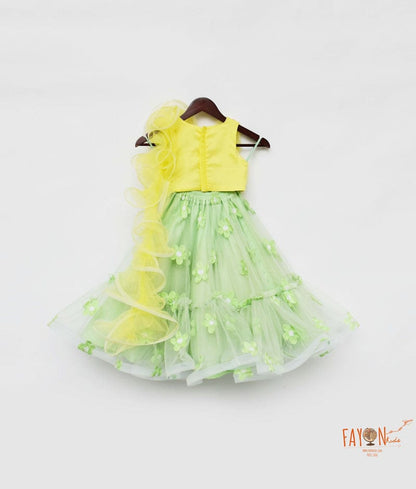 Yellow Net Green Net Embroidery Lehenga with Choli Drape for Girls