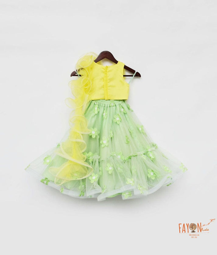 Yellow Net Green Net Embroidery Lehenga with Choli Drape for Girls
