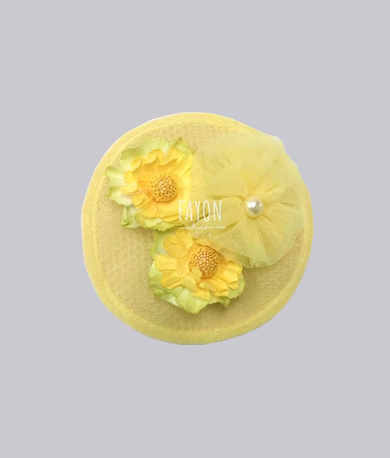 Fayon Kids Yellow Net Half Hat with Flowers for Girls
