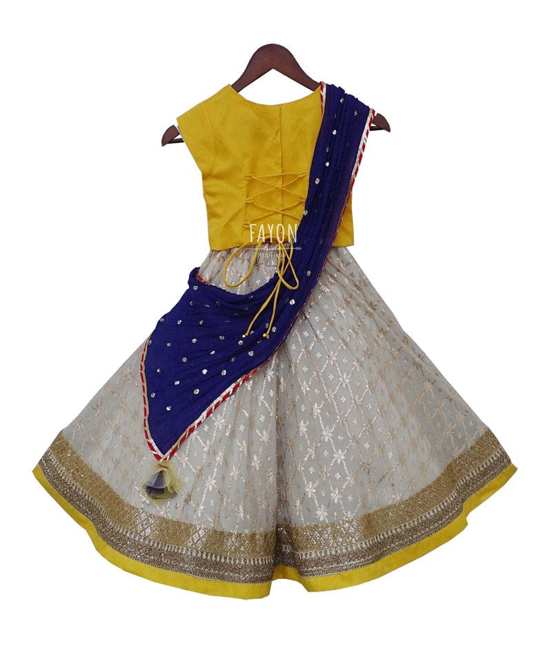 Yellow Off white Brocade Lehenga with Choli Boti Net Dupatta for Girls