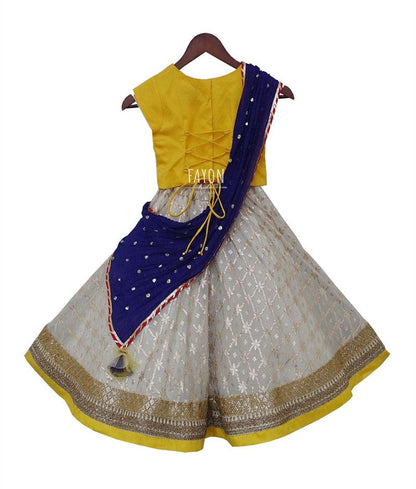 Yellow Off white Brocade Lehenga with Choli Boti Net Dupatta for Girls