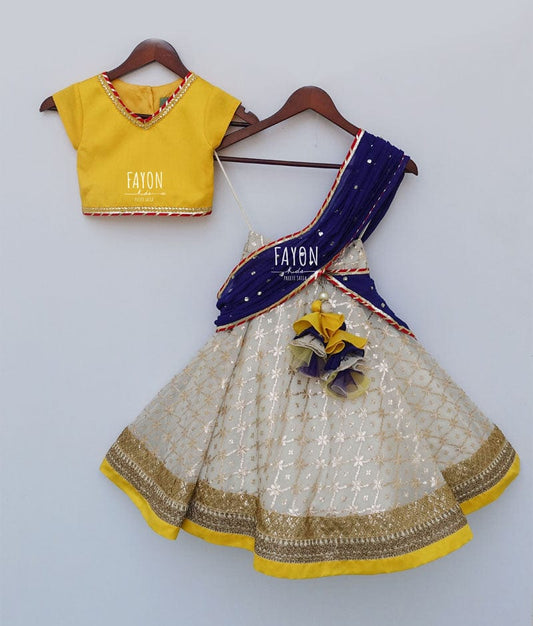 Yellow Off white Brocade Lehenga with Choli Boti Net Dupatta for Girls