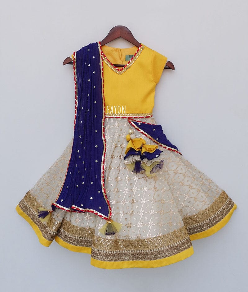 Yellow Off white Brocade Lehenga with Choli Boti Net Dupatta for Girls