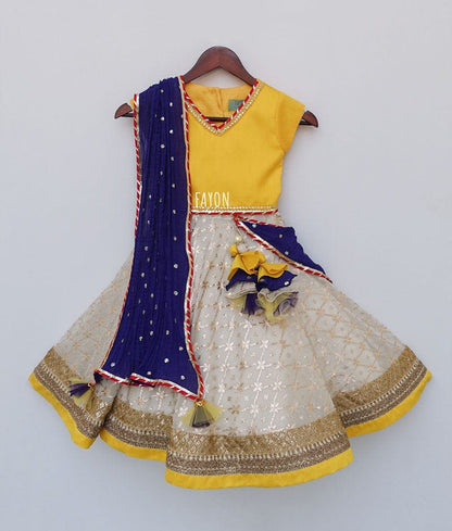 Yellow Off white Brocade Lehenga with Choli Boti Net Dupatta for Girls