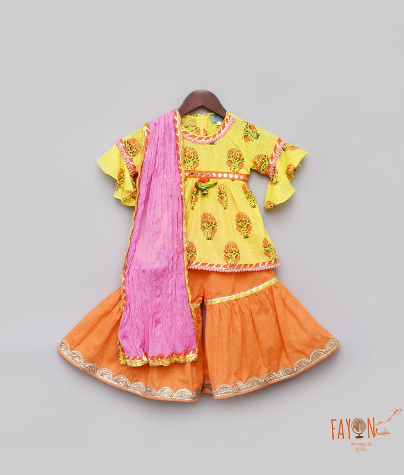 Fayon Kids Yellow Orange Cotton Printed Sharara with Kurti Pink Cotton Crinkle Dupatta for Girls