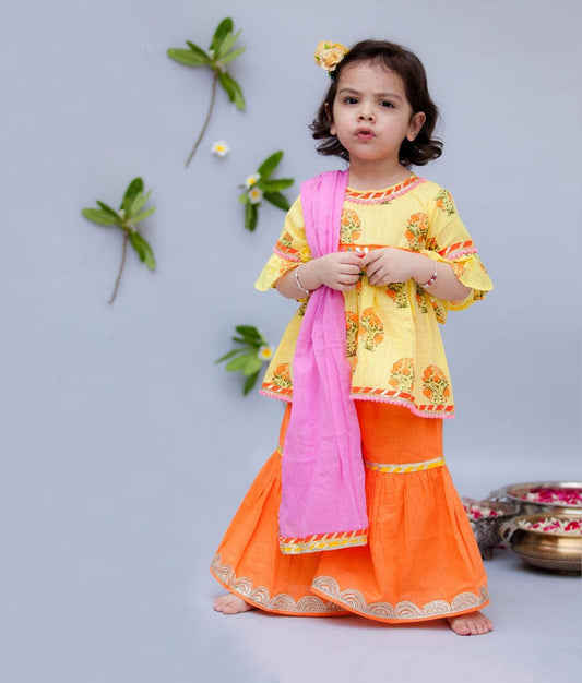 Fayon Kids Yellow Orange Cotton Printed Sharara with Kurti Pink Cotton Crinkle Dupatta for Girls